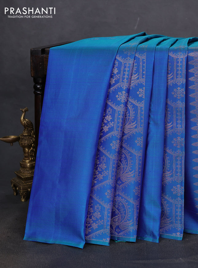 Pure kanchipuram silk saree dual shade of bluish green with allover zari weaves in borderless style