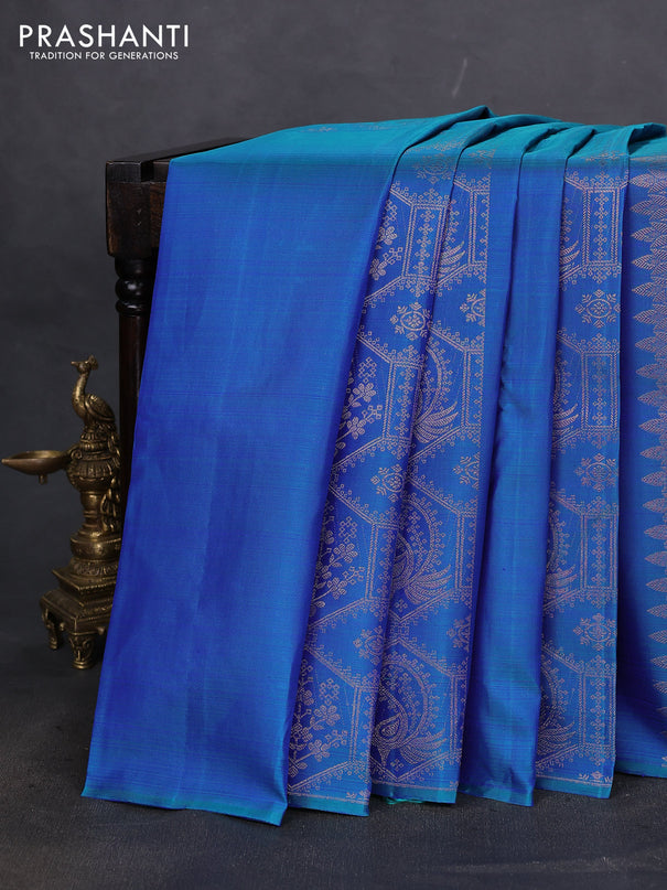 Pure kanchipuram silk saree dual shade of bluish green with allover zari weaves in borderless style
