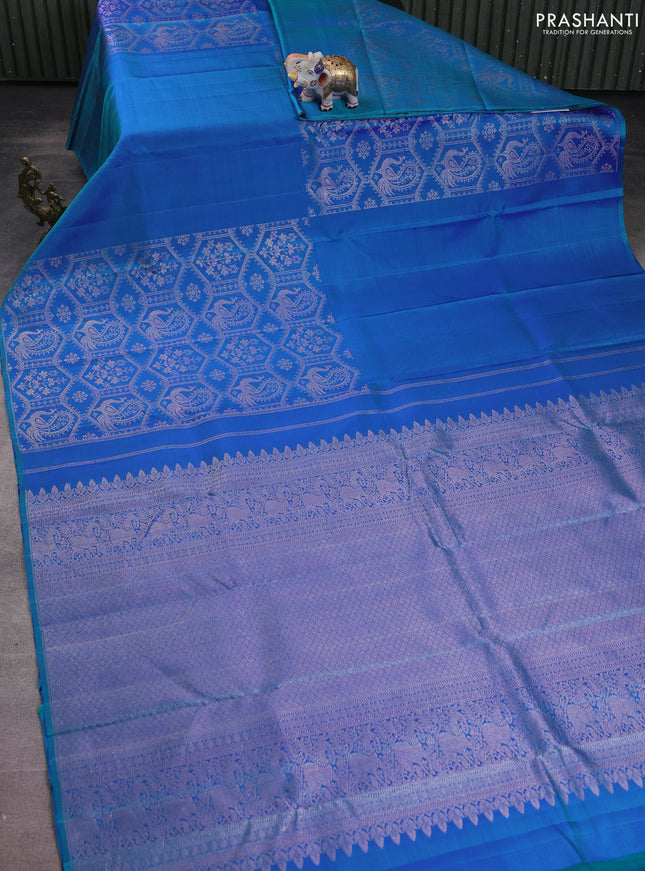 Pure kanchipuram silk saree dual shade of bluish green with allover zari weaves in borderless style