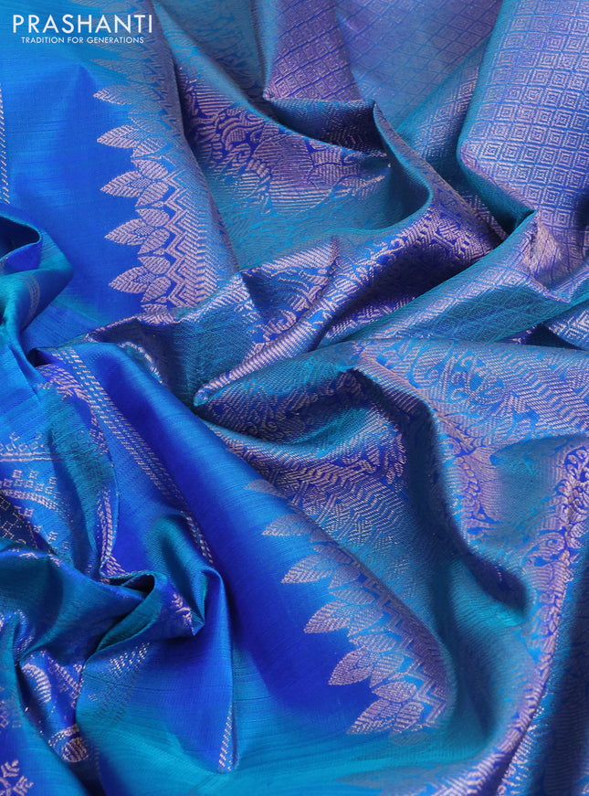 Pure kanchipuram silk saree dual shade of bluish green with allover zari weaves in borderless style