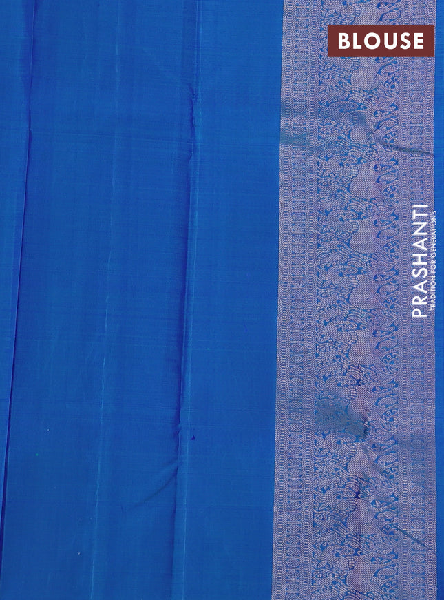 Pure kanchipuram silk saree dual shade of bluish green with allover zari weaves in borderless style