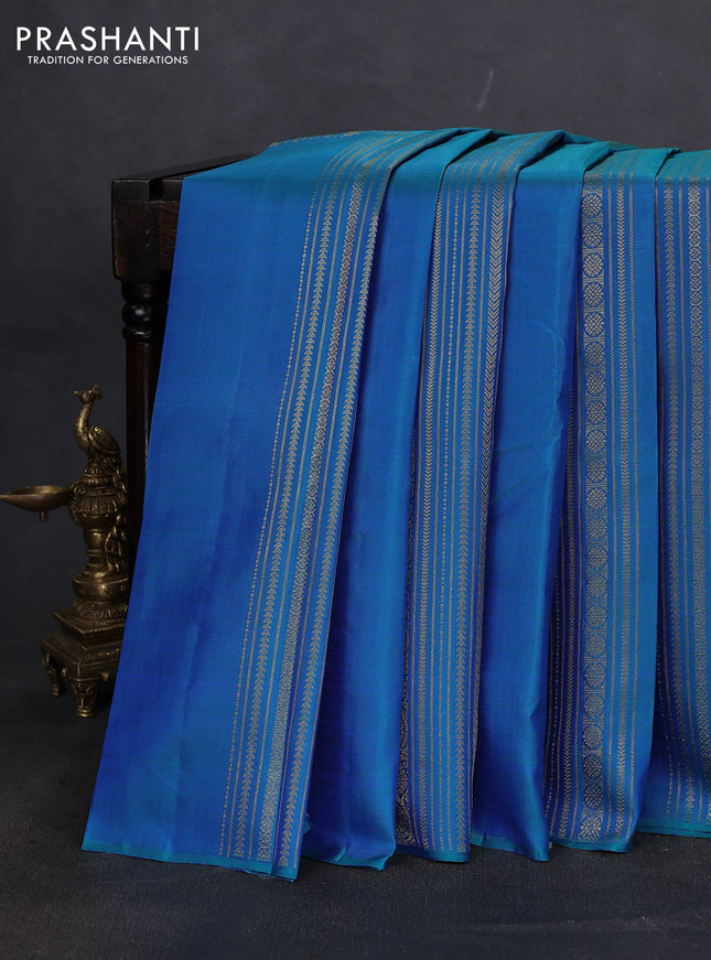 Pure kanchipuram silk saree dual shade of bluish teal green with allover zari weaves in borderless style