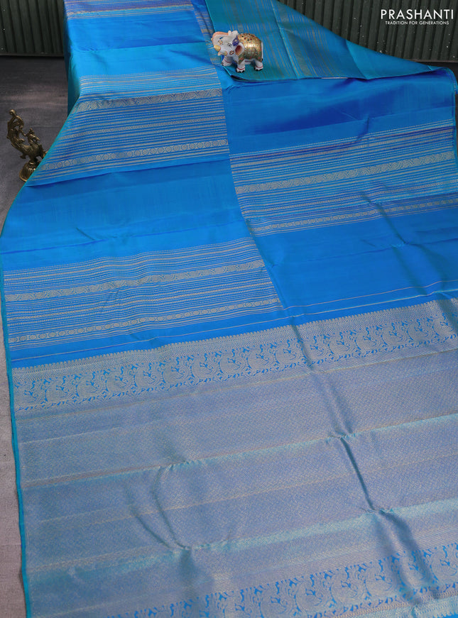 Pure kanchipuram silk saree dual shade of bluish teal green with allover zari weaves in borderless style