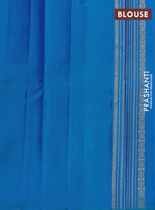 Pure kanchipuram silk saree dual shade of bluish teal green with allover zari weaves in borderless style