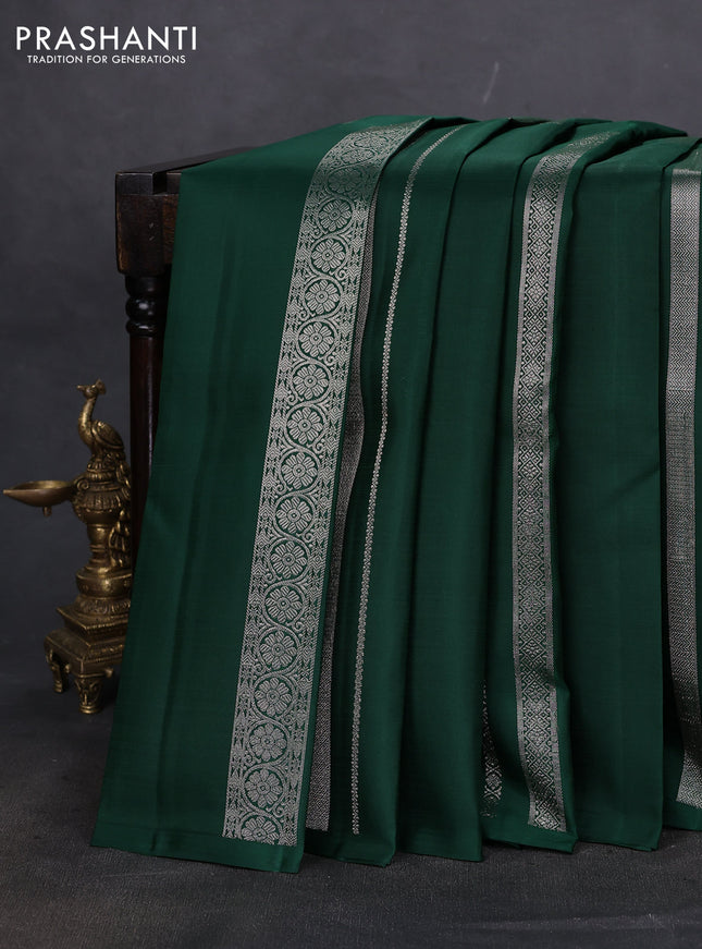 Pure kanchipuram silk saree dark green with allover silver zari weaves in borderless style