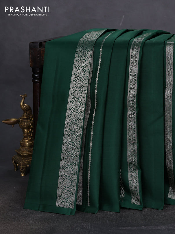 Pure kanchipuram silk saree dark green with allover silver zari weaves in borderless style