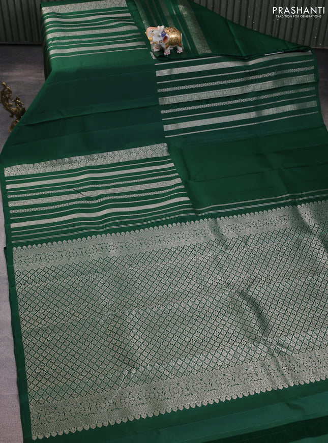 Pure kanchipuram silk saree dark green with allover silver zari weaves in borderless style