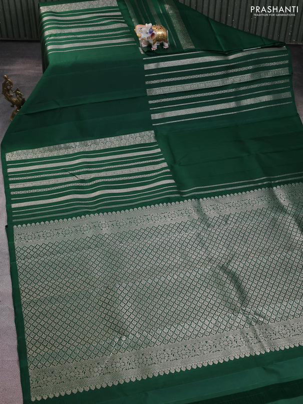 Pure kanchipuram silk saree dark green with allover silver zari weaves in borderless style