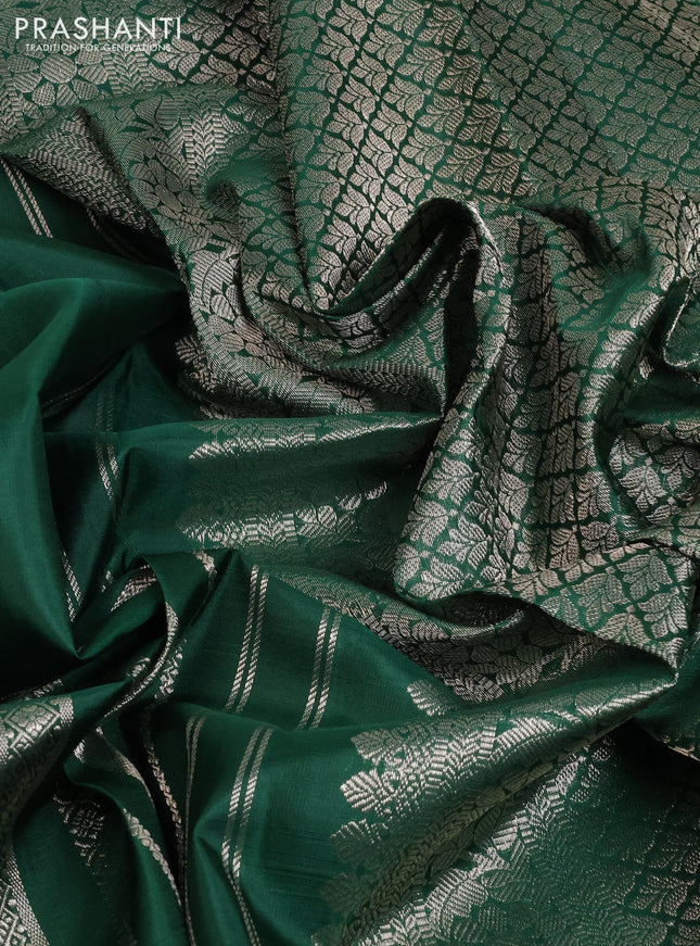 Pure kanchipuram silk saree dark green with allover silver zari weaves in borderless style