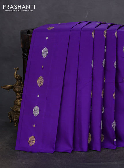 Pure kanchipuram silk saree violet and teal blue with silver & gold zari woven buttas in borderless style