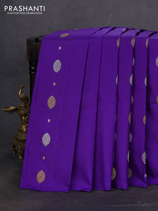 Pure kanchipuram silk saree violet and teal blue with silver & gold zari woven buttas in borderless style