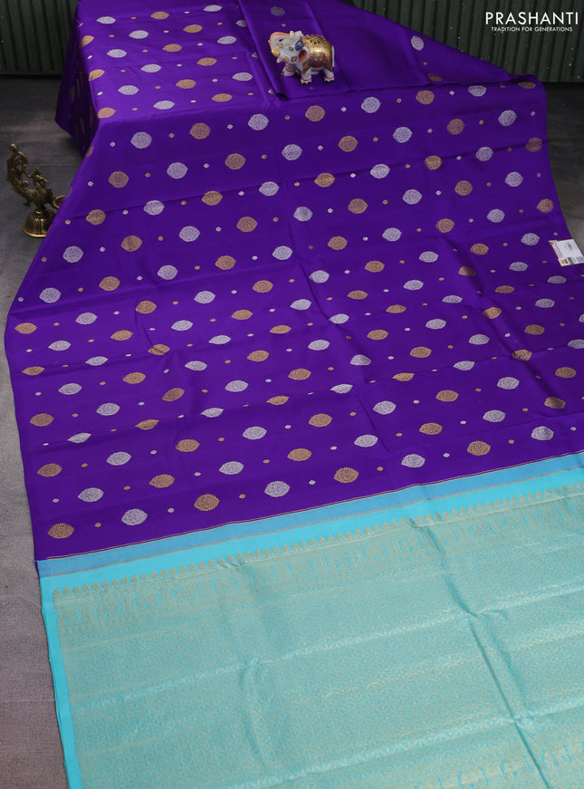 Pure kanchipuram silk saree violet and teal blue with silver & gold zari woven buttas in borderless style