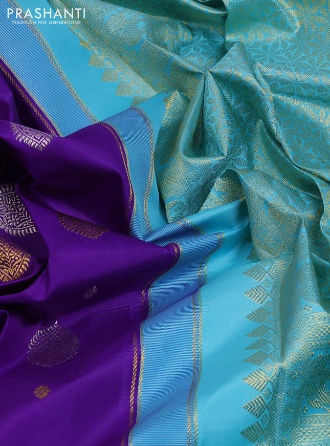 Pure kanchipuram silk saree violet and teal blue with silver & gold zari woven buttas in borderless style
