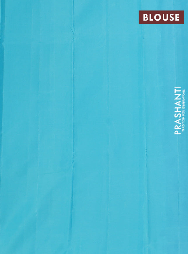 Pure kanchipuram silk saree violet and teal blue with silver & gold zari woven buttas in borderless style