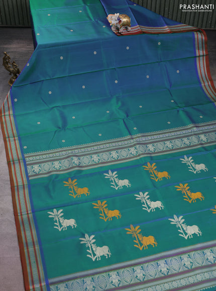 Pure kanchipuram silk saree dual shade of bluish green and dual shade of maroon with thread woven buttas and thread woven border