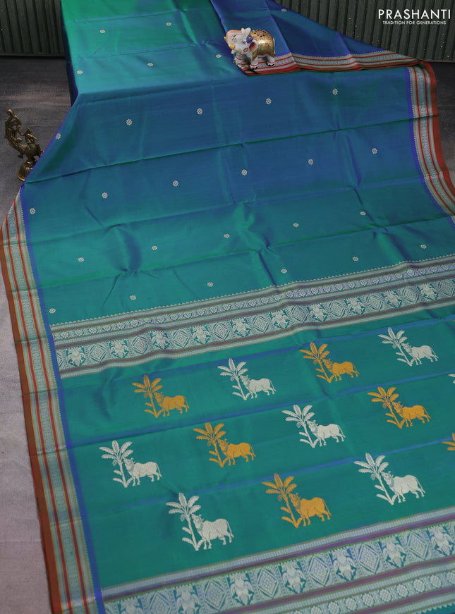 Pure kanchipuram silk saree dual shade of bluish green and dual shade of maroon with thread woven buttas and thread woven border