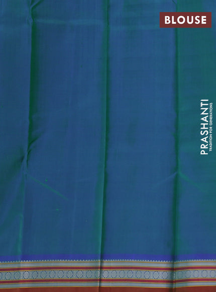 Pure kanchipuram silk saree dual shade of bluish green and dual shade of maroon with thread woven buttas and thread woven border