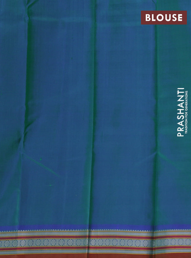 Pure kanchipuram silk saree dual shade of bluish green and dual shade of maroon with thread woven buttas and thread woven border