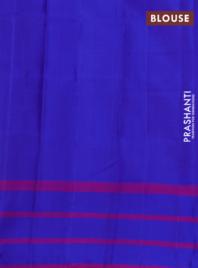 Pure kanchipuram silk saree pale yellow and blue with allover small checked pattern and temple design thread woven butta border