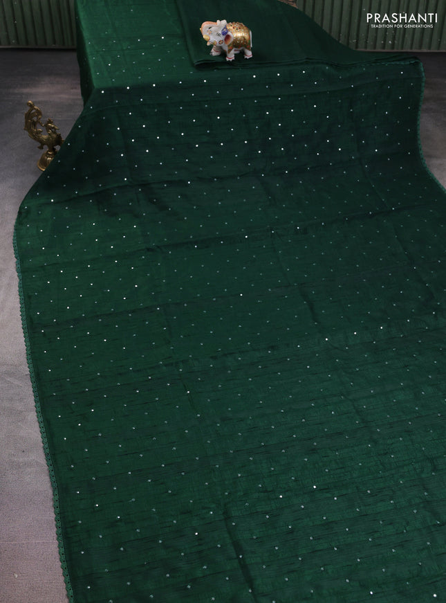 Semi raw silk saree green with allover mirror work and lace work border