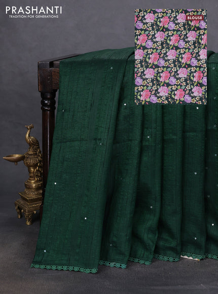 Semi raw silk saree green with allover mirror work and lace work border