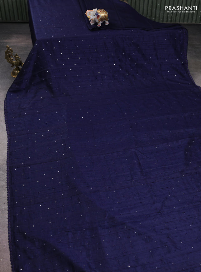 Semi raw silk saree navy blue with allover mirror work and lace work border