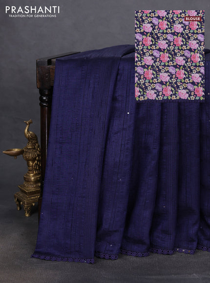 Semi raw silk saree navy blue with allover mirror work and lace work border