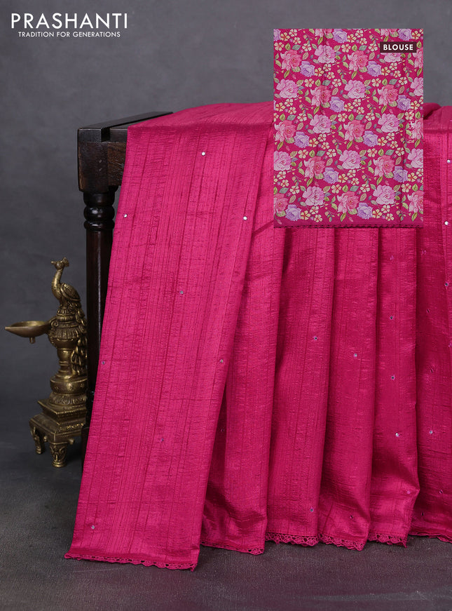 Semi raw silk saree pink with allover mirror work and lace work border