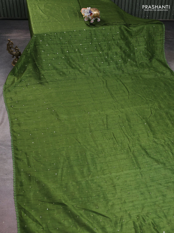 Semi raw silk saree light green with allover mirror work and lace work border