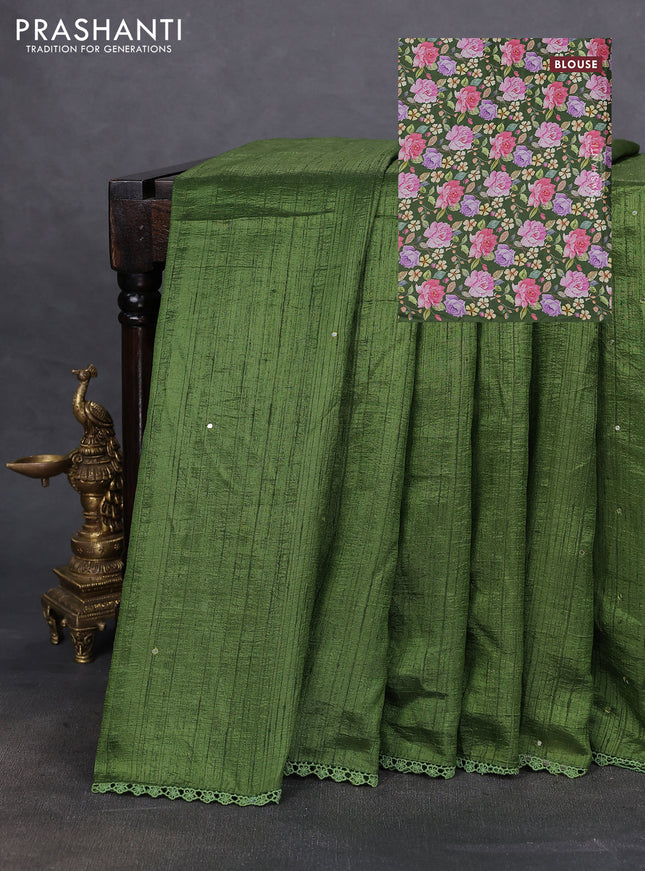 Semi raw silk saree light green with allover mirror work and lace work border