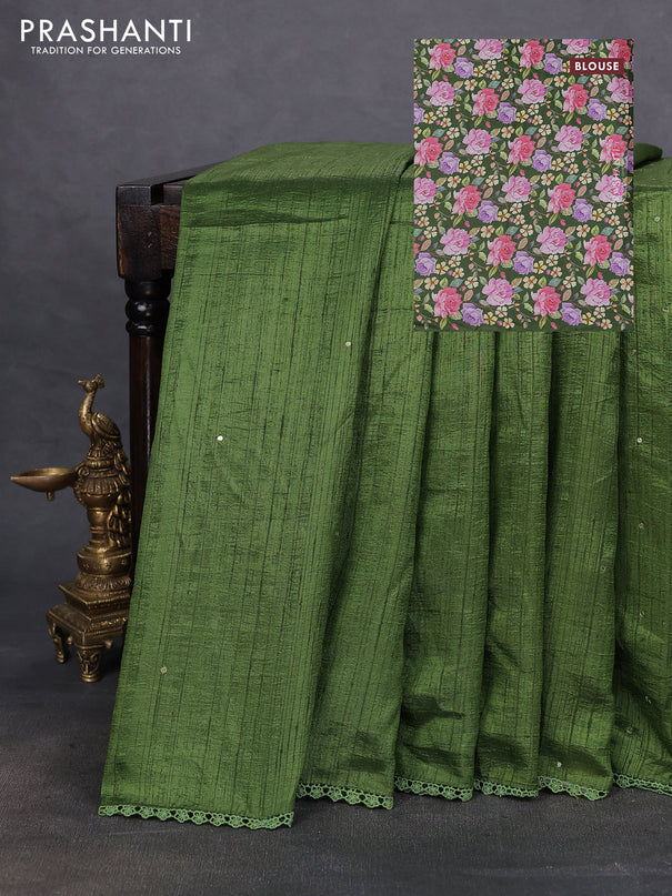Semi raw silk saree light green with allover mirror work and lace work border