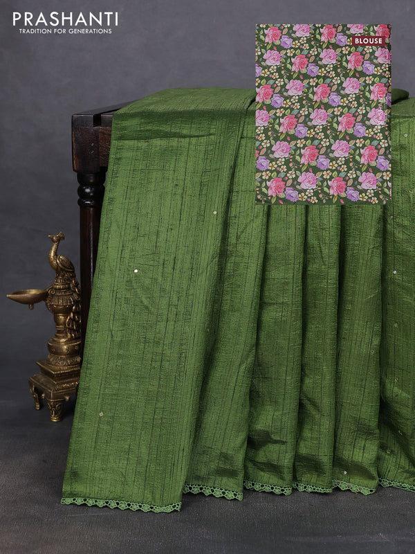 Semi raw silk saree light green with allover mirror work and lace work border