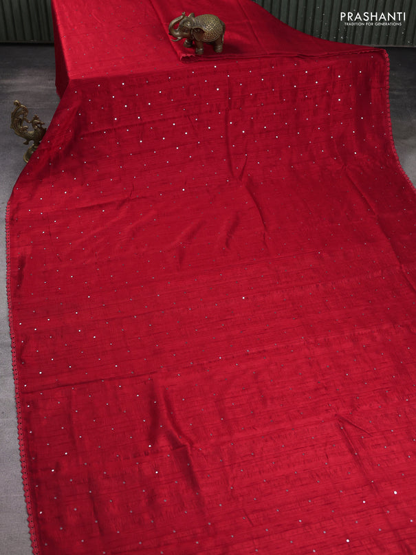 Semi raw silk saree red with allover mirror work and lace work border