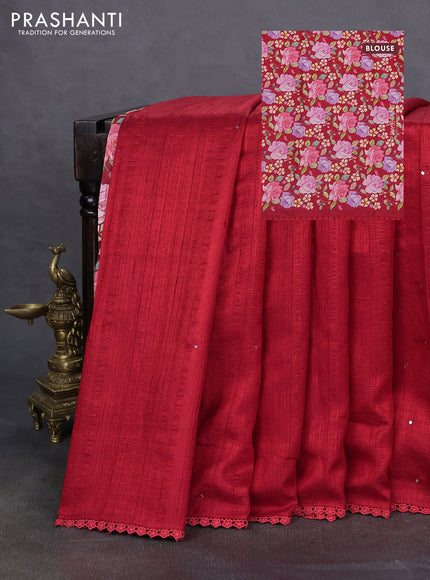 Semi raw silk saree red with allover mirror work and lace work border
