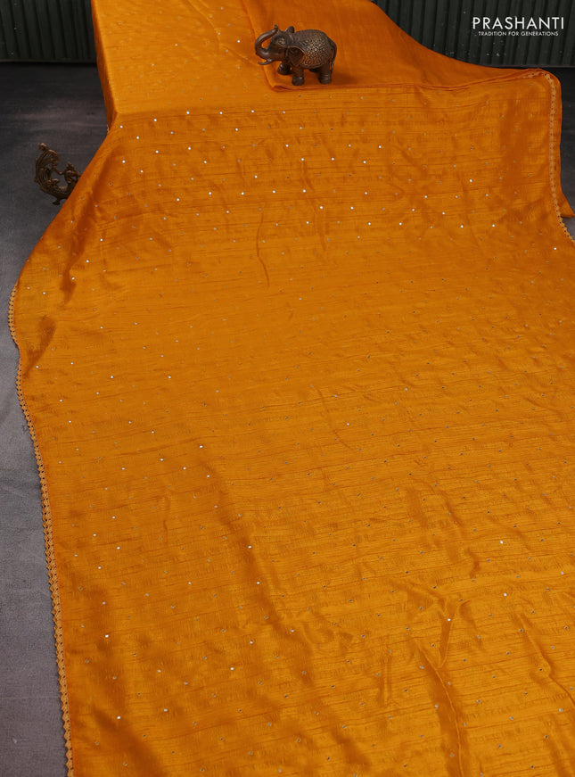 Semi raw silk saree mango yellow with allover mirror work and lace work border