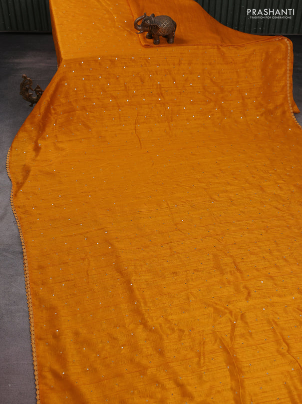 Semi raw silk saree mango yellow with allover mirror work and lace work border