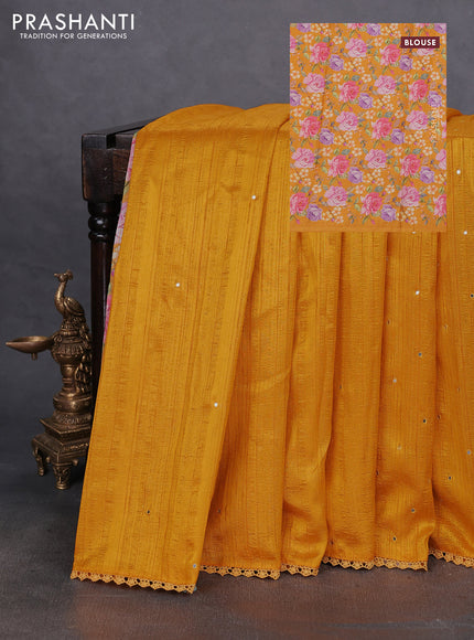 Semi raw silk saree mango yellow with allover mirror work and lace work border