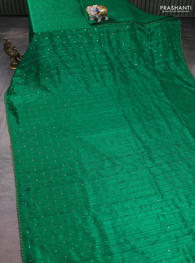Semi raw silk saree green with allover mirror work and lace work border