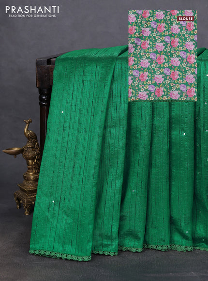 Semi raw silk saree green with allover mirror work and lace work border