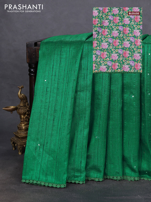 Semi raw silk saree green with allover mirror work and lace work border