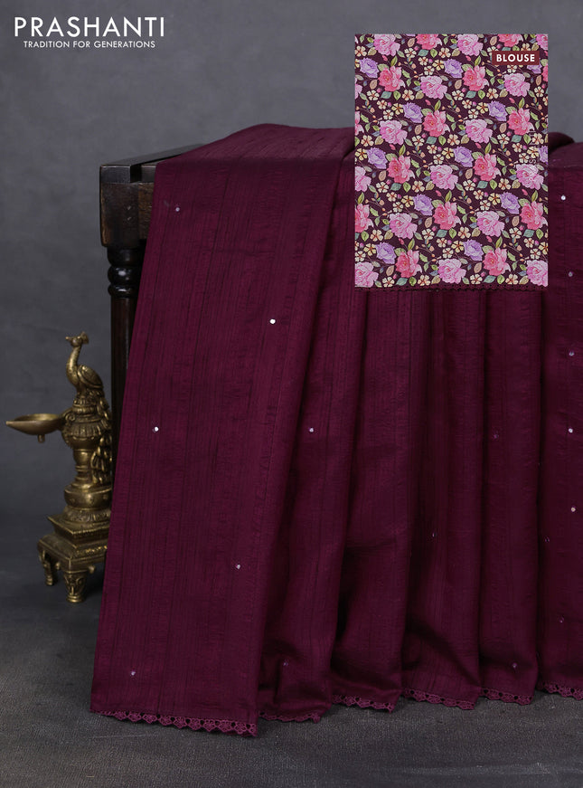Semi raw silk saree wine shade with allover mirror work and lace work border