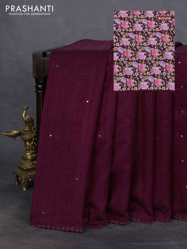 Semi raw silk saree wine shade with allover mirror work and lace work border