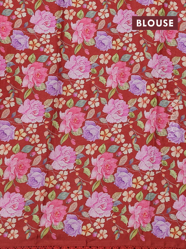 Semi raw silk saree rust shade with allover mirror work and lace work border