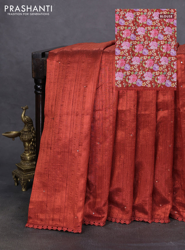 Semi raw silk saree rust shade with allover mirror work and lace work border