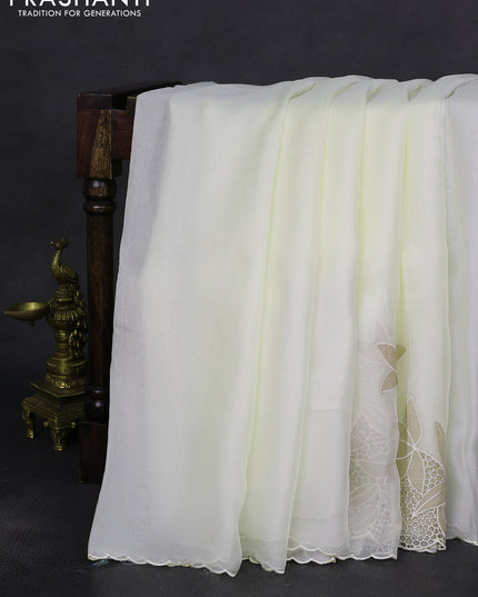 Satin Organza saree off white with plain body and floral design cut work border
