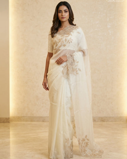 Satin Organza saree off white with plain body and floral design cut work border