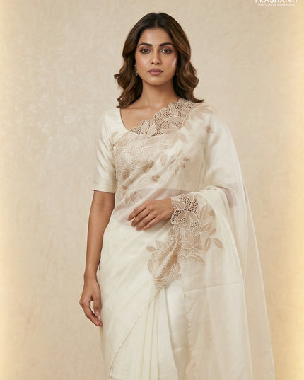 Satin Organza saree off white with plain body and floral design cut work border