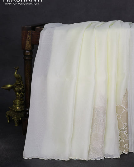 Satin Organza saree off white with plain body and floral design cut work border