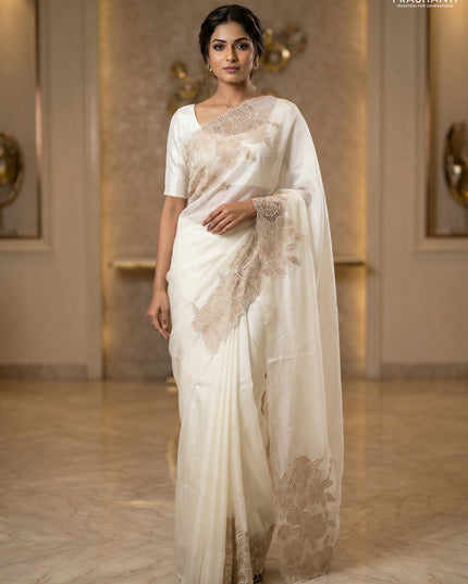 Satin Organza saree off white with plain body and floral design cut work border