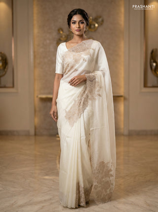 Satin Organza saree off white with plain body and floral design cut work border